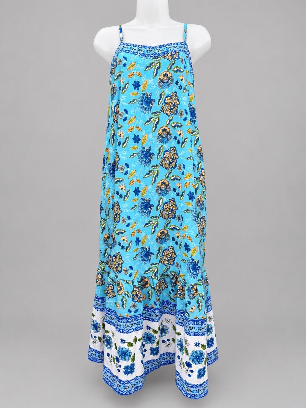 Blue Floral Maxi Dress Boho Border Print Tiered Sundress Resort Small